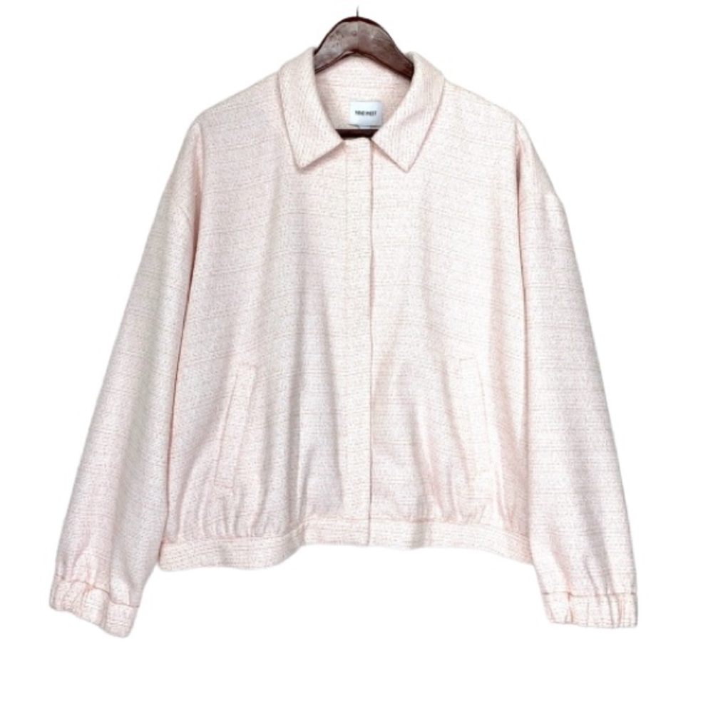 Nine West Blush Pink & White Tweed Bomber Jacket Hidden Snap Buttons Size XXL